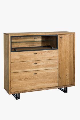 Tölgyfa tálalószekrény fém lábakkal, világítással, 134 cm széles